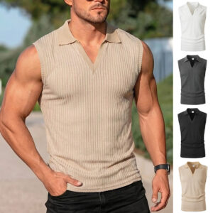 Mens Polo-collar Vertical-striped Sleeveless Vest