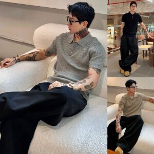 Mens Knitted Short-sleeved T-shirt With A Turn-down Collar And A Textured Cable-knit Design