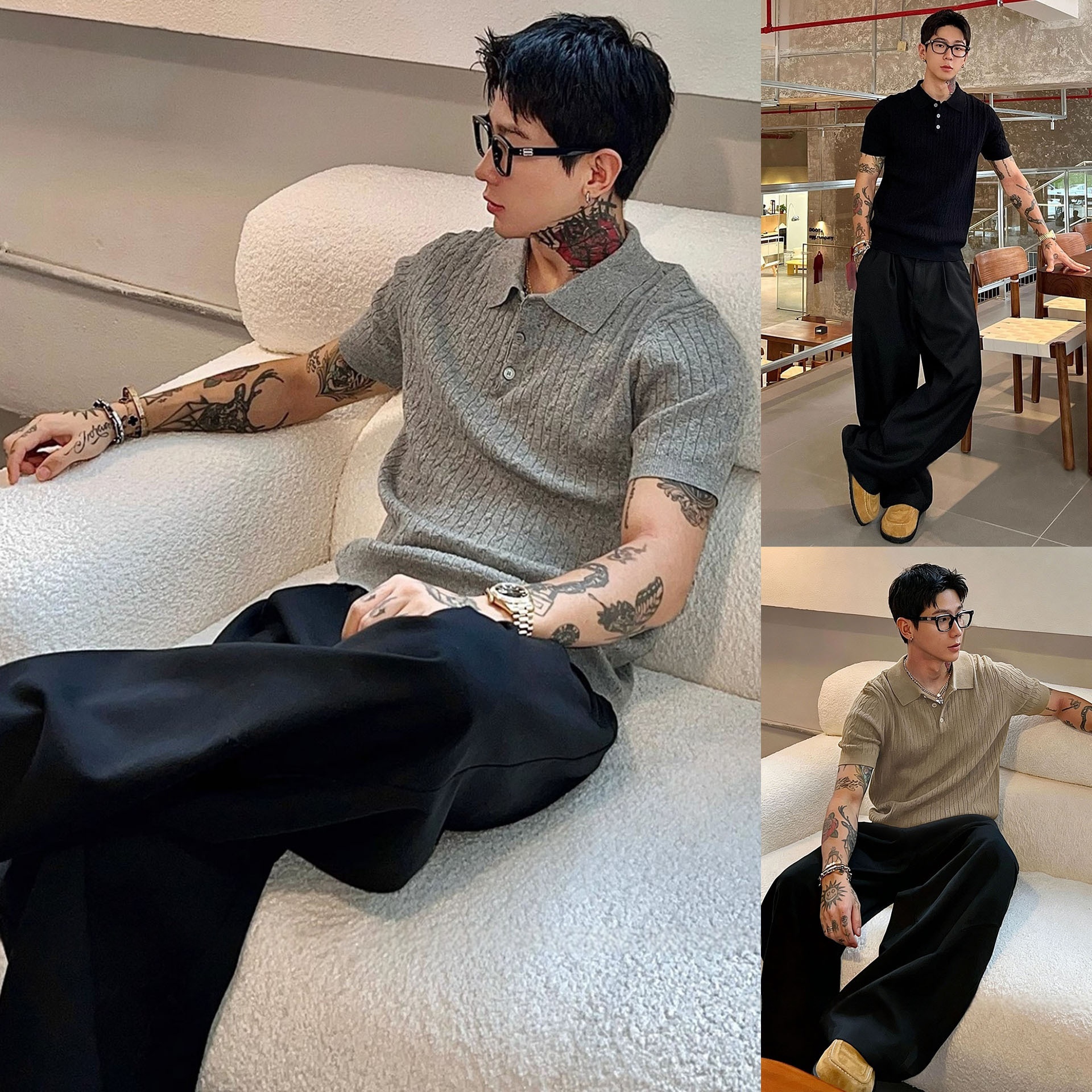Mens Knitted Short-sleeved T-shirt With A Turn-down Collar And A Textured Cable-knit Design