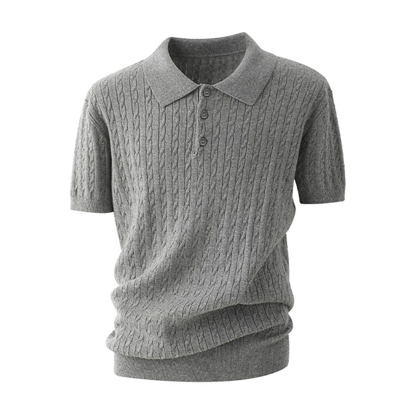 Mens Knitted Short-sleeved T-shirt With A Turn-down Collar And A Textured Cable-knit Design - Imagen 2