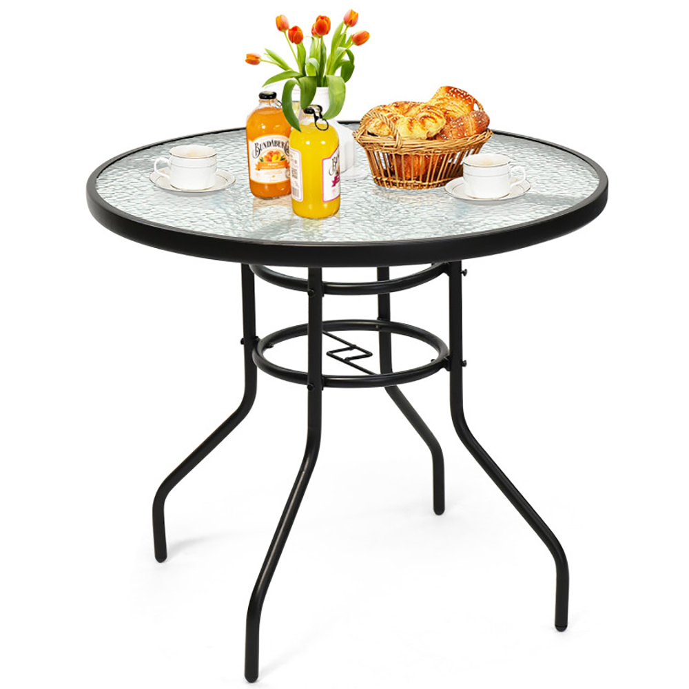 32 Inch Patio Tempered Glass Steel Frame Round Table With Convenient Umbrella Hole - Imagen 2