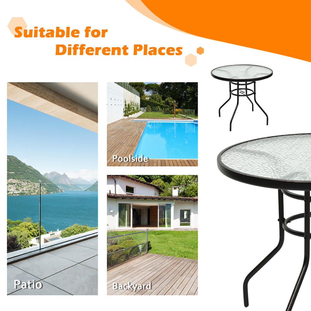 32 Inch Patio Tempered Glass Steel Frame Round Table With Convenient Umbrella Hole - Imagen 3