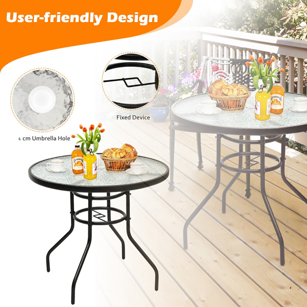 32 Inch Patio Tempered Glass Steel Frame Round Table With Convenient Umbrella Hole - Imagen 7