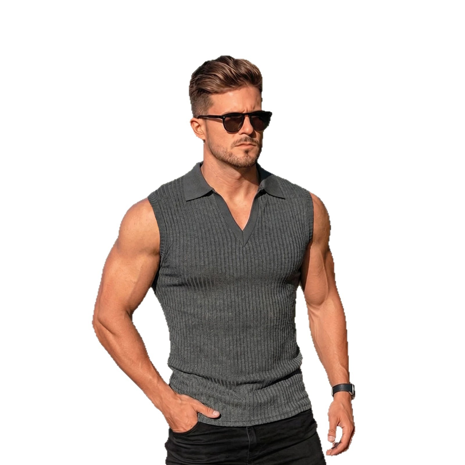 Mens Polo-collar Vertical-striped Sleeveless Vest - Imagen 2