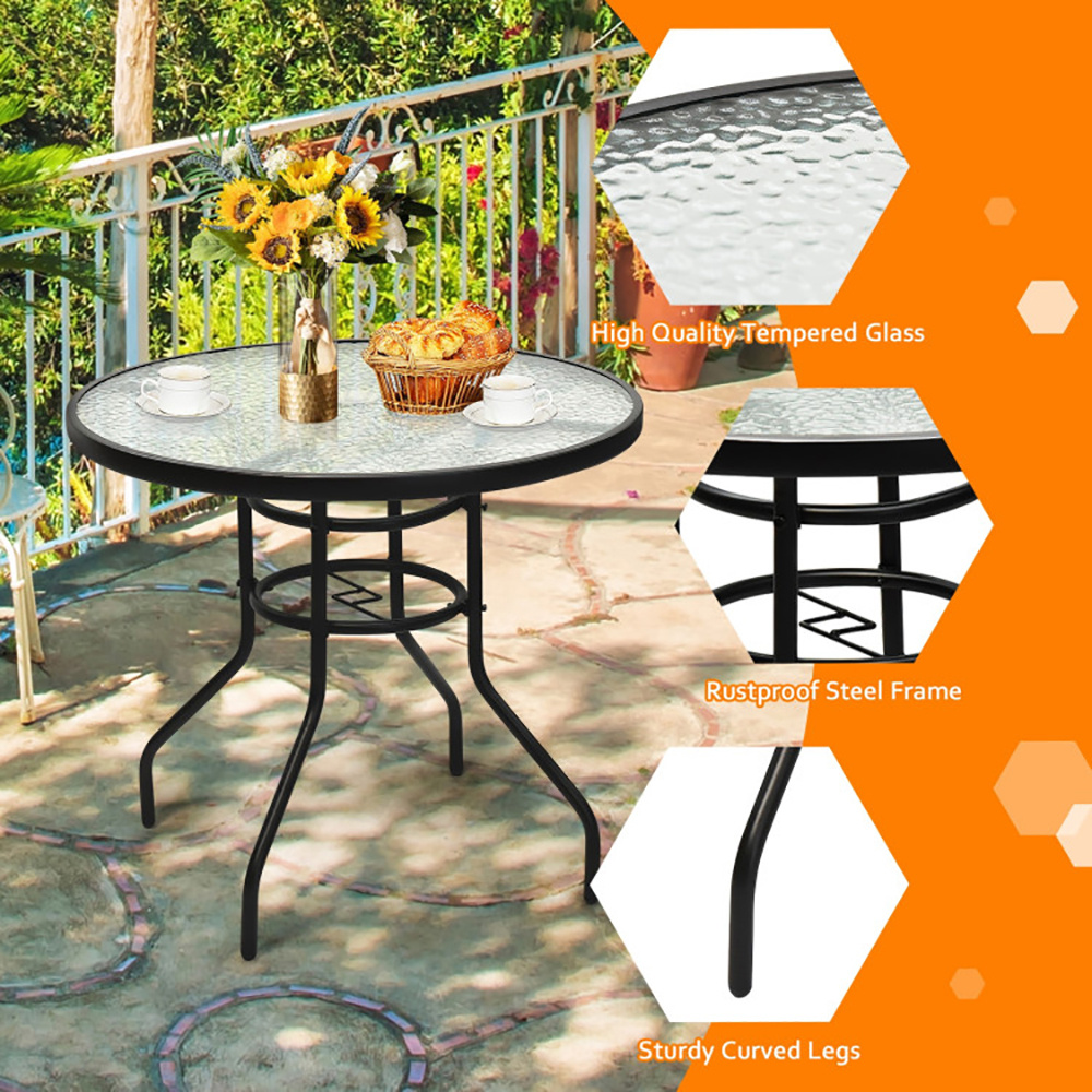 32 Inch Patio Tempered Glass Steel Frame Round Table With Convenient Umbrella Hole - Imagen 5