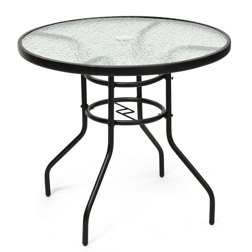 32 Inch Patio Tempered Glass Steel Frame Round Table With Convenient Umbrella Hole - Imagen 4