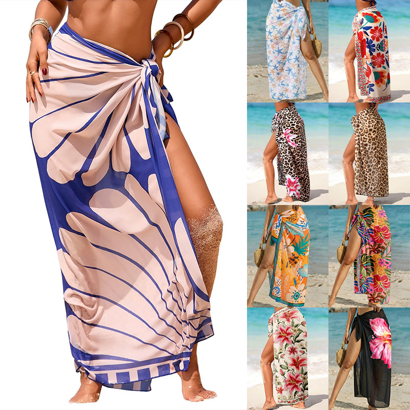 Women's Swimwear Transparent Sheer Cover-Up High-Slit One-Size Swim Dress Summer Floral Print Chiffon - Imagen 2