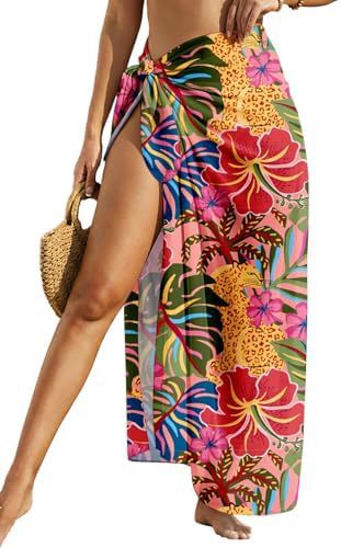 Women's Swimwear Transparent Sheer Cover-Up High-Slit One-Size Swim Dress Summer Floral Print Chiffon - Imagen 12