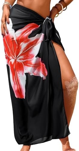 Women's Swimwear Transparent Sheer Cover-Up High-Slit One-Size Swim Dress Summer Floral Print Chiffon - Imagen 19