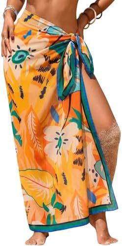 Women's Swimwear Transparent Sheer Cover-Up High-Slit One-Size Swim Dress Summer Floral Print Chiffon - Imagen 21