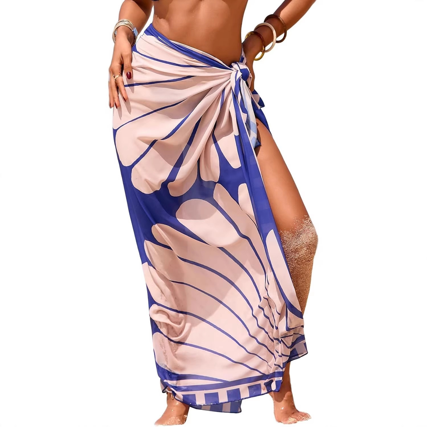 Women's Swimwear Transparent Sheer Cover-Up High-Slit One-Size Swim Dress Summer Floral Print Chiffon